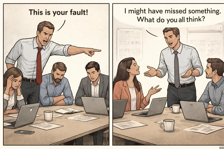 Split-scene illustration: on the left, a leader publicly blaming in a tense meeting; on the right, the same leader modeling fallibility and asking genuine questions, team members speaking up; clear contrast, professional editorial style, muted colors.