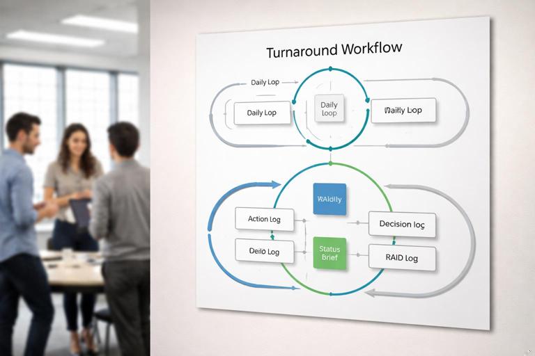 A one-page turnaround workflow poster on a wall in a project war-room, showing a daily loop and weekly loop with connected boxes for artifacts like Action Log, Decision Log, RAID Log, Status Brief, clean minimalist design, people discussing in the background, photo-realistic, no readable text