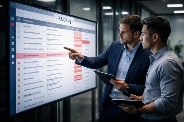 A project manager and technical lead reviewing a RAID log on a large screen, with columns for risks, triggers, owners, dates, and red highlighted items, professional corporate setting, focused expressions, cinematic lighting, high realism, no readable text