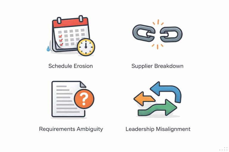 Illustration of four recurring project failure patterns as simple icons arranged in a grid: a slipping calendar for schedule erosion, a broken chain for supplier breakdown, a blurred document for requirements ambiguity, and misaligned arrows for leadership misalignment; clean flat vector style, muted corporate colors, white background, minimal text