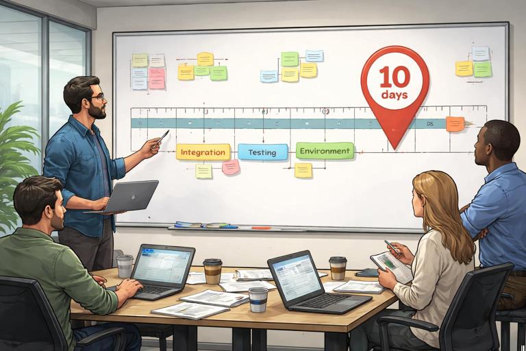 Project rescue scene: a software team in a war-room reviewing an integration timeline on a whiteboard, a large checkpoint marker 10 days ahead, sticky notes labeled integration, testing, environment; calm professional tone, realistic illustration style, modern office, no readable text