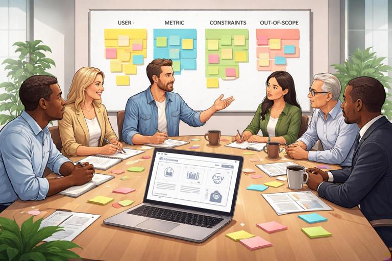 Product requirements workshop scene: diverse stakeholders around a table with sticky notes showing user, metric, constraints, out-of-scope; a laptop shows a simple dashboard wireframe with three metrics and a CSV export icon; realistic illustration, professional corporate style, no readable text