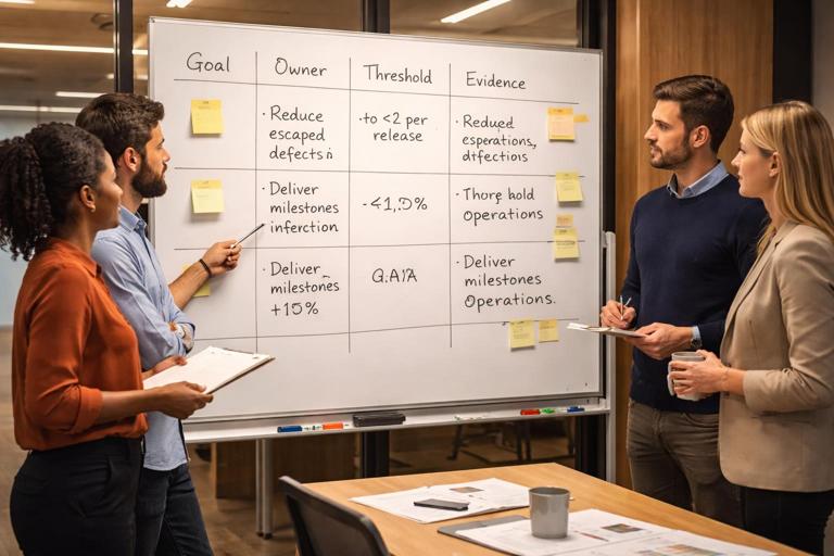 A focused workshop scene in a modern meeting room: a small cross-functional leadership group (product, delivery, QA, operations) stands around a whiteboard converting vague goals into measurable success criteria. On the board: examples like reduce escaped defects to fewer than 2 per release, deliver milestones within plus or minus 10 percent, with columns for owner, threshold, and evidence. Professional, realistic, no brand logos, high detail, warm lighting.