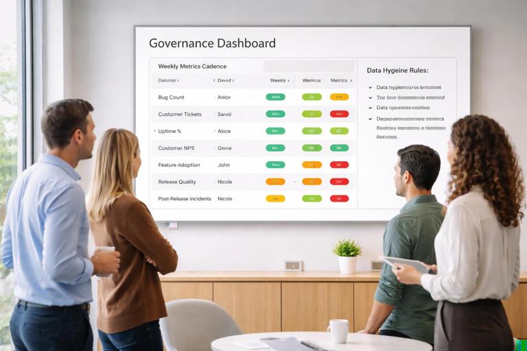 A clean governance dashboard scene: a wall screen shows a simple weekly metrics cadence (daily, weekly, per-release) with owners assigned and data hygiene rules. A team stands calmly reviewing green/amber/red indicators and deciding actions. Minimalist UI style, modern office, no logos, realistic lighting.