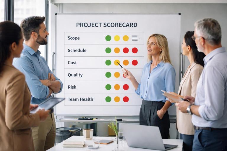 A clean, modern office scene with a project rescue team around a whiteboard showing a six-dimension scorecard labeled Scope, Schedule, Cost, Quality, Risk, Team Health, with colored status indicators (green, yellow, orange, red). Professional, realistic, high detail, soft natural lighting, no visible brand logos, 16:9.