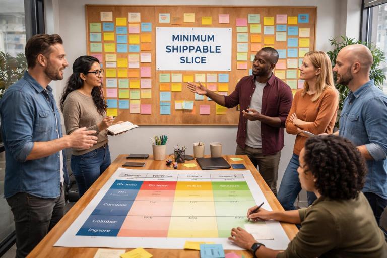A focused product rescue workshop: a wall covered with sticky notes for backlog items, a large card labeled Minimum Shippable Slice, and a table with a triage scorecard. Diverse team members discussing prioritization, realistic office, high detail, 16:9, no logos.