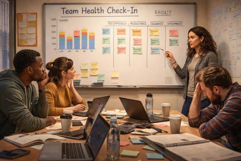 A candid team health check-in meeting in a project war room: tired but focused team members, a simple chart showing workload and on-call rotations, and a whiteboard with RACI roles. Realistic style, warm lighting, respectful tone, 16:9, no logos.