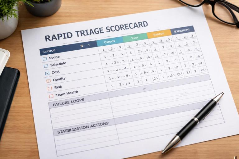 A close-up of a printed one-page rapid triage scorecard template on a desk with a pen, showing sections for Scope, Schedule, Cost, Quality, Risk, Team Health, and a small area for failure loops and stabilization actions. Clean layout, realistic photo style, 16:9, no logos.