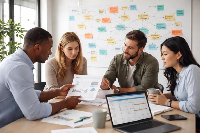 A clean, modern office scene with a small team around a table reviewing a one-page brief and a wall of sticky notes forming a causal map; laptop screens show charts and an evidence register; documentary, realistic lighting, high detail, no visible logos or brand names.