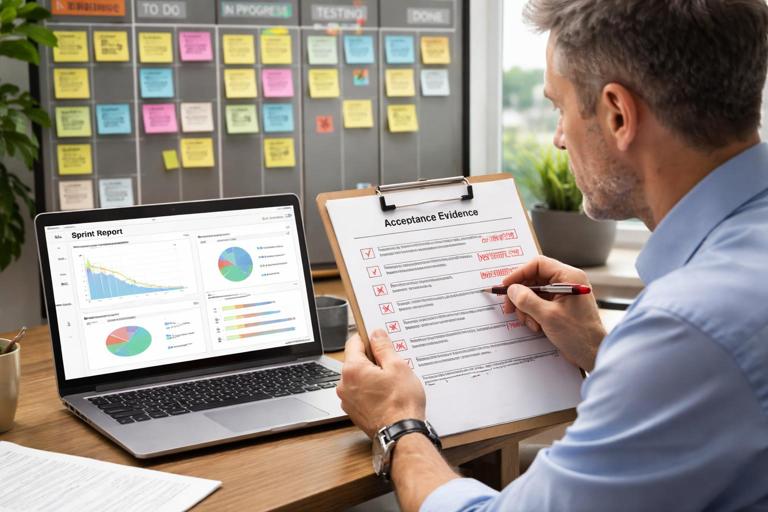 A realistic project audit scene: a consultant reviewing a kanban board and a laptop showing a sprint report, while checking a checklist of acceptance evidence; a few items marked not verified; calm office lighting, high detail, no brand logos.