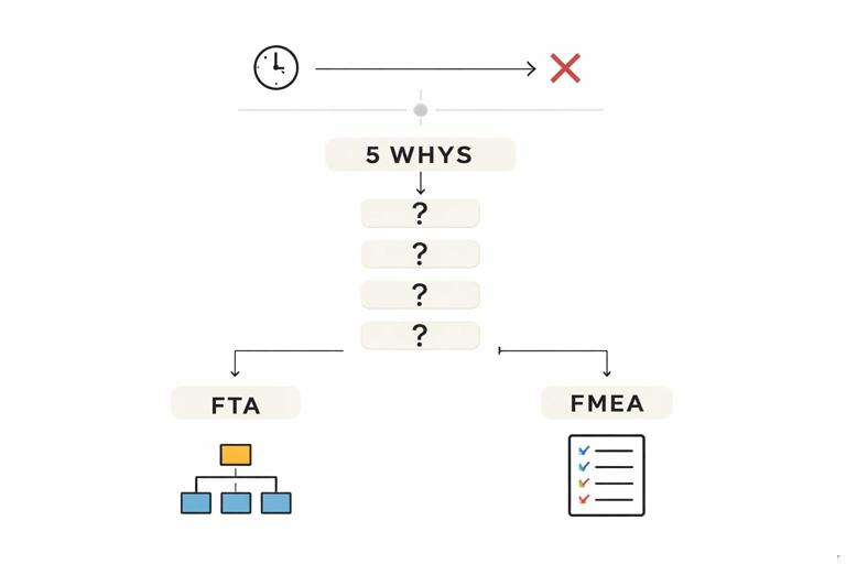 A clean infographic-style illustration showing a root-cause analysis workflow for software delivery failures: a timeline feeding into 5 Whys, then branching into FTA and FMEA, with simple icons (clock, question marks, tree diagram, checklist). Minimalist flat design, muted professional colors, white background, readable labels, no logos.
