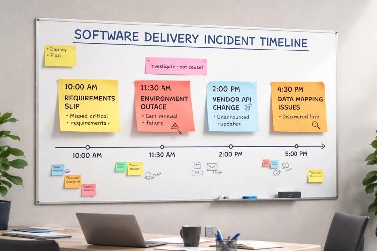An illustrative scene of a software delivery incident timeline on a wall: sticky notes and timestamps showing requirements slip, environment outage due to certificate renewal, vendor API change, and late discovery of data mapping issues. Professional office setting, neutral colors, clear but not brand-specific tools, documentary style, high clarity.