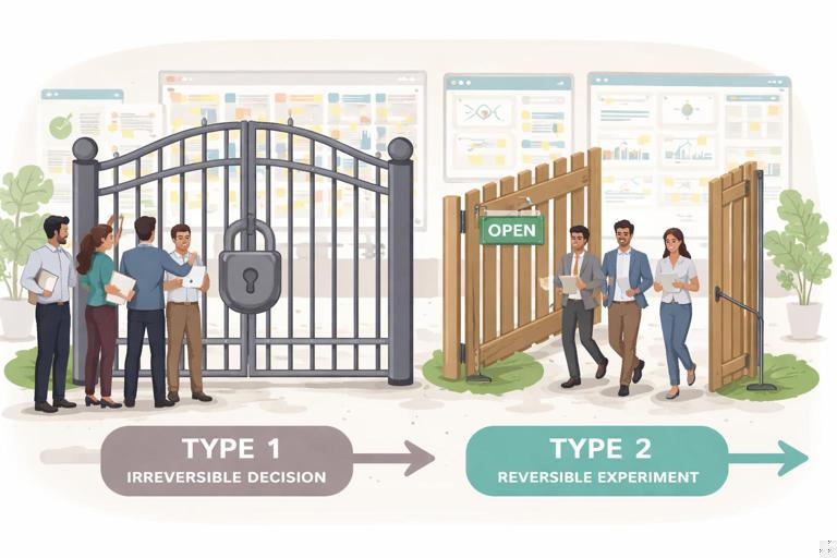 Illustration of two decision pathways labeled Type 1 and Type 2: a heavy, locked gate for irreversible decisions and a lightweight swinging gate for reversible experiments; rescue project context with dashboards, sticky notes, and a team in a war-room; clean modern flat style, muted professional colors