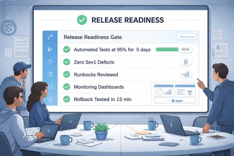 Professional product delivery dashboard scene showing a release readiness gate checklist with binary thresholds: automated tests 95% for 5 days, zero sev1 defects, runbooks reviewed, monitoring dashboards, rollback tested 15 min; clean UI, engineering war-room vibe, flat modern illustration, muted blues and grays
