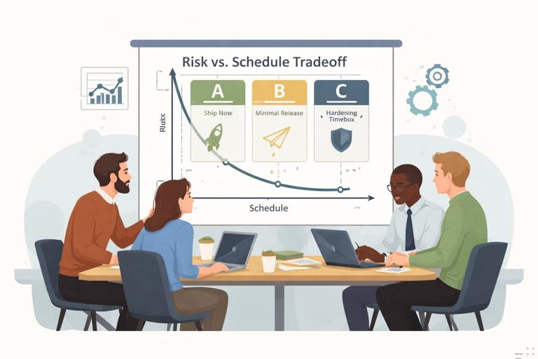 Illustration of three rescue options on cards (A ship now, B minimal release, C hardening timebox) connected to a risk vs. schedule tradeoff chart; engineering team discussing around a table with a performance graph and integration icons; clean flat vector style, professional muted palette