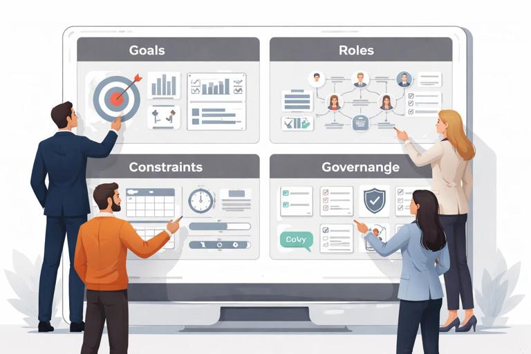 Illustration of a project recovery control panel metaphor: a modern dashboard with clearly labeled sections for Goals, Roles, Constraints, and Governance, team members pointing at controls, clean corporate style, flat vector or semi-realistic, neutral colors, no text on the image.