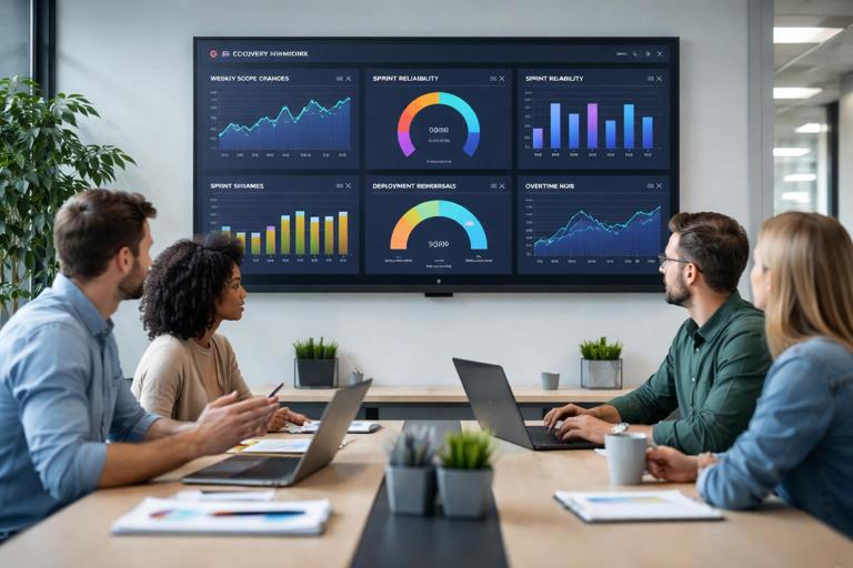 Illustration of a software recovery metrics dashboard on a wall screen: scope changes per week, sprint reliability, defect counts, deployment rehearsals, overtime hours; a small team reviewing the dashboard in a meeting room; clean modern tech office, realistic style, no readable text.