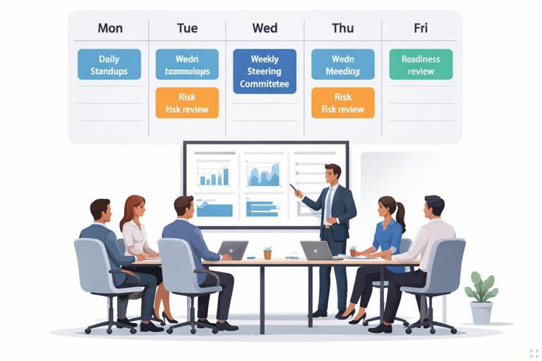 Illustration of a recovery governance meeting rhythm: a calendar view with recurring meetings (daily standup, twice-weekly risk review, weekly steering committee, readiness review), shown as colored blocks; a team in a conference room; professional minimalist style, no readable text.