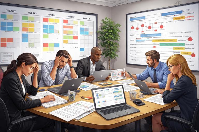 Illustration of a stressed software project team reviewing a delayed billing portal release: kanban board, bug list, worried stakeholders in a meeting, visible timeline slipping; professional corporate style, realistic, no readable text.