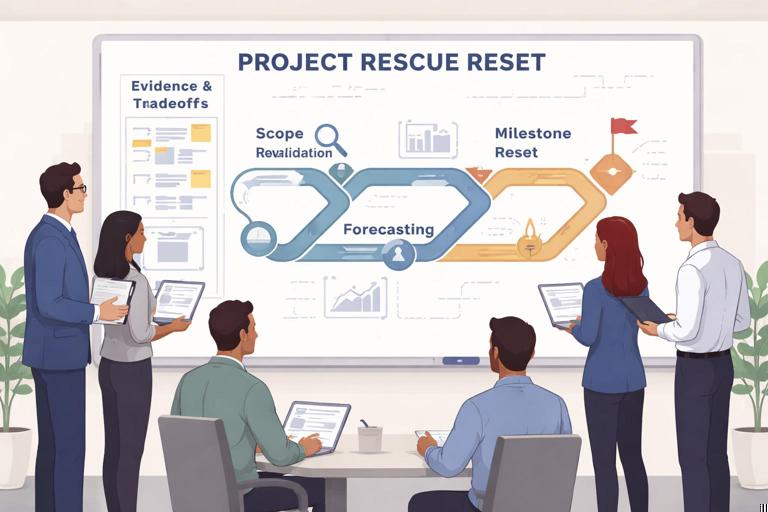 Illustration of a project rescue reset: a roadmap being redrawn on a whiteboard showing three linked tracks labeled Scope Revalidation, Forecasting, and Milestone Reset, with stakeholders and a project team reviewing evidence and tradeoffs; professional corporate style, clean flat design, muted colors, high clarity.
