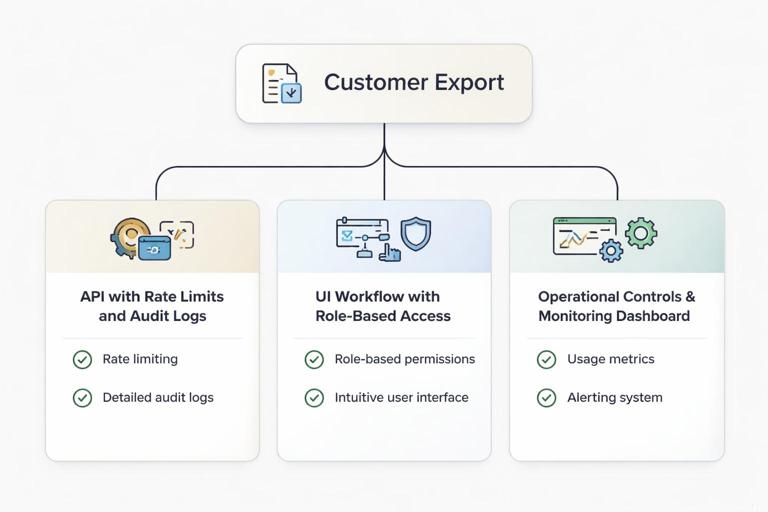Product feature decomposition diagram: a single feature card labeled Customer Export branching into three deliverables (API with rate limits and audit logs, UI workflow with role-based access, operational controls and monitoring dashboard), each with acceptance criteria checkmarks; modern enterprise infographic style, clean lines, neutral palette.