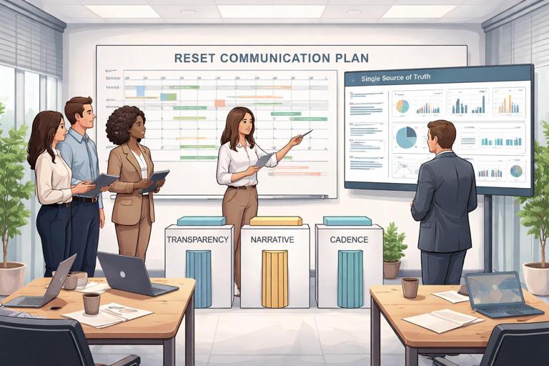Illustration of a project leadership team in a conference room resetting a communication plan: a whiteboard with a timeline, a dashboard labeled single source of truth, and three pillars labeled Transparency, Narrative, Cadence; professional corporate style, clean lines, muted colors, modern office setting.