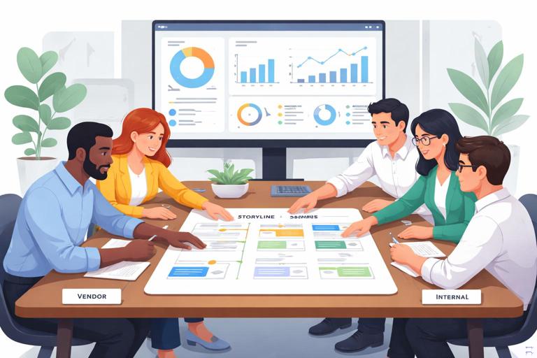 Illustration of two teams (vendor and internal) aligning on one narrative: two groups at a table pointing at a shared one-page storyline document and a dashboard of joint metrics; neutral professional tone, collaborative posture, modern corporate flat illustration.