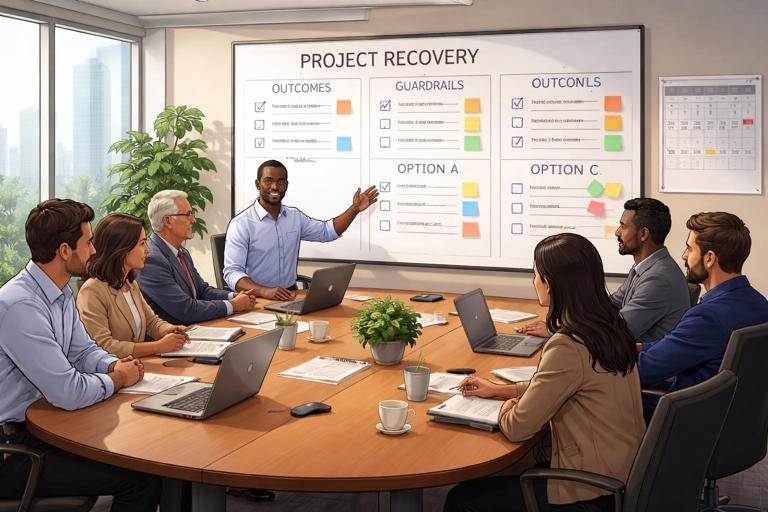 Illustration of a project recovery negotiation workshop: diverse stakeholders around a conference table with a whiteboard showing outcomes, guardrails, and option A/B/C, plus a calendar with milestones. Modern corporate office, realistic style, calm lighting, no visible brand logos.