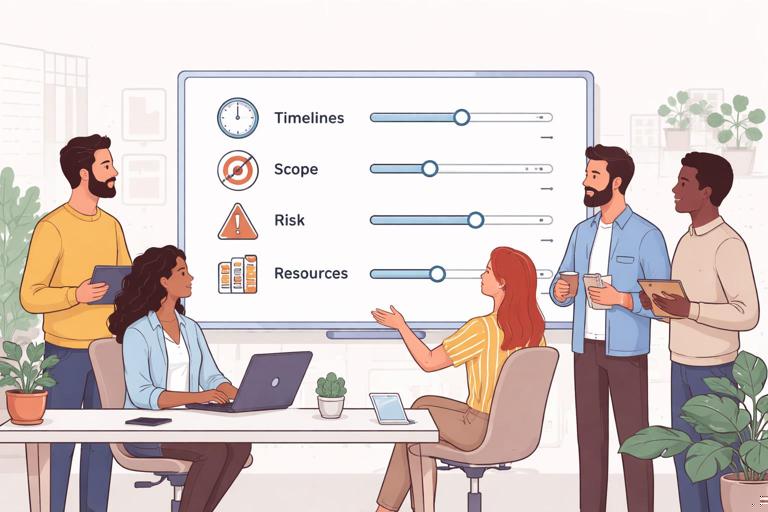Illustration of a cross-functional office team around a whiteboard designing trade-offs: timelines, scope, risk, and resources shown as icons and sliders; collaborative, calm atmosphere; modern flat style, clean lines, high readability, soft neutral colors.