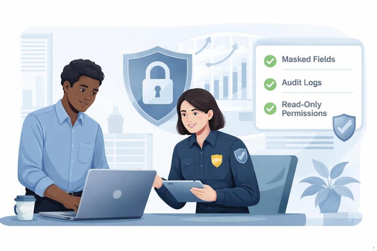 Office scene showing an analyst and a security professional collaborating on a laptop with a data access checklist: masked fields, audit logs, read-only permissions; visual metaphor of a lock and data chart; modern flat illustration, professional tone, muted blues and grays.
