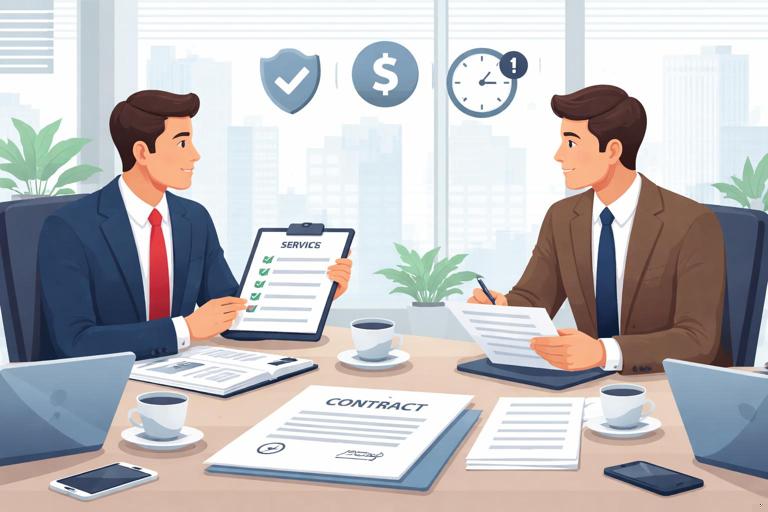 Illustration of a professional business negotiation between a company representative and an external vendor across a conference table, with contract documents, service-level checklist, and risk icons (shield, dollar sign, clock) subtly integrated; modern office setting, clean flat-vector style, muted corporate colors, high clarity