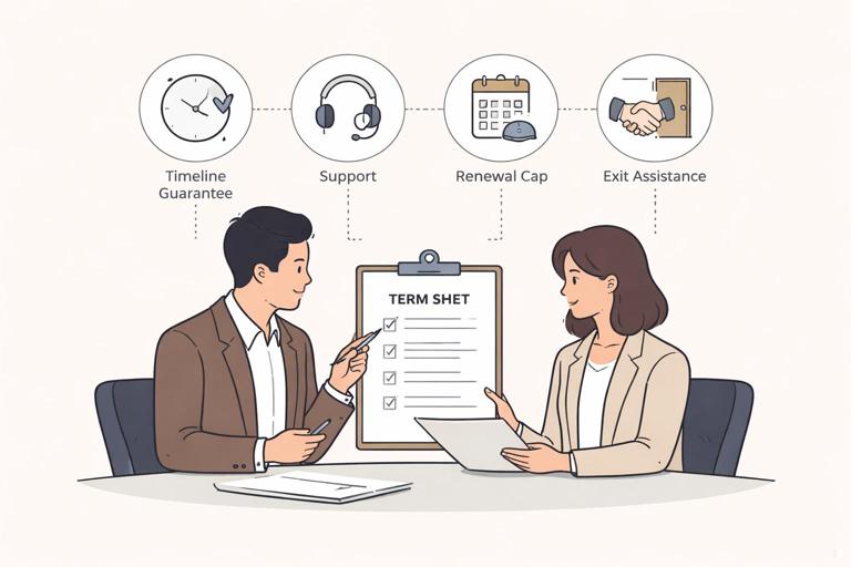 Business term-sheet negotiation scene with two people reviewing a one-page term sheet, with icons representing timeline guarantee, support, renewal cap, and exit assistance; professional minimal illustration, neutral palette, clear visual hierarchy