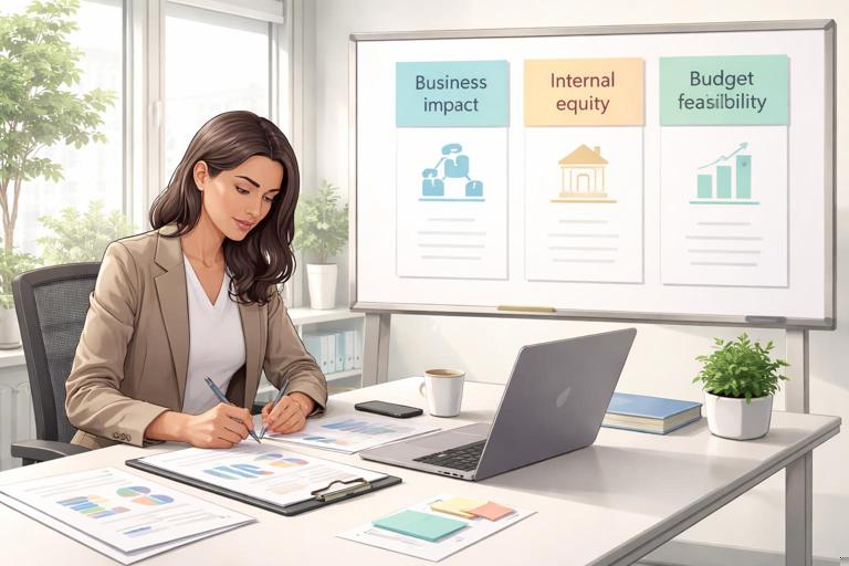 Illustration of a professional preparing a business case: person at a desk with a laptop and printed charts, three labeled pillars on a whiteboard reading Business impact, Internal equity, Budget feasibility; clean modern office style, soft lighting, realistic editorial illustration, no text on image.