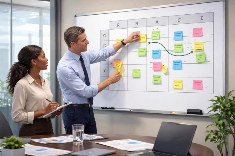 Scene of a manager and employee in a meeting room reviewing a responsibility matrix on a whiteboard, with sticky notes being moved to show reprioritization and sustainable workload; professional corporate setting, realistic illustration, no readable text.