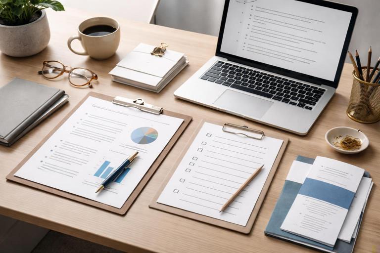 Illustration of an advocacy packet being prepared: a one-page summary on a desk, laptop open with bullet points, HR-style checklist, neat professional stationery; modern minimal aesthetic, realistic lighting, no readable text.