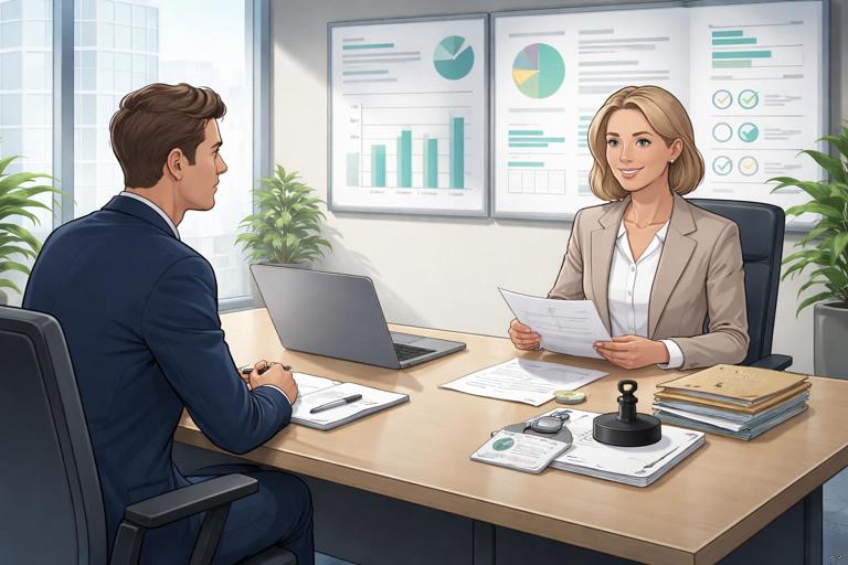Illustration of an office negotiation where one person subtly holds more power: a meeting table with two colleagues, one with access badges, approval stamps, and dashboards behind them; the other with limited information. Neutral, professional corporate style, soft lighting, no text.