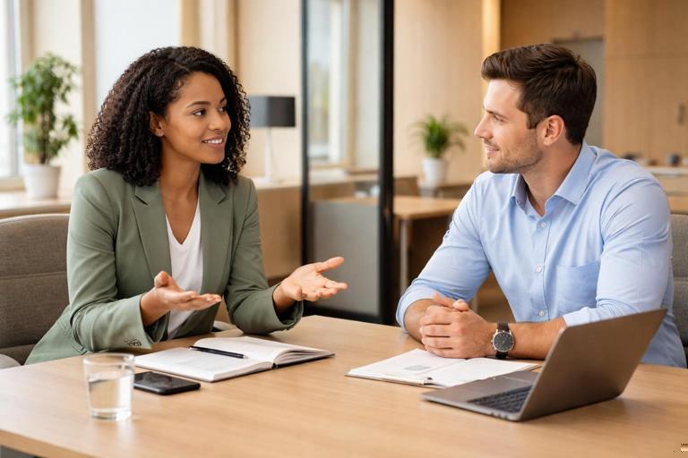 A calm workplace conversation: one person respectfully declining a request while offering alternatives, both seated at a meeting table with notes and a laptop, relaxed body language, professional modern office, warm neutral colors, no text.