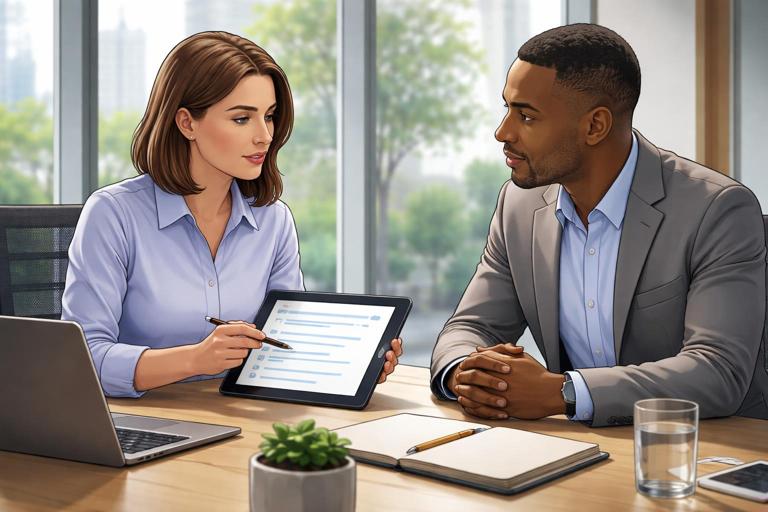HR professional and department head in a meeting room reviewing a checklist and timeline on a tablet, discussing a hiring policy exception; balanced, respectful body language, modern office, natural light, realistic illustration, no text.