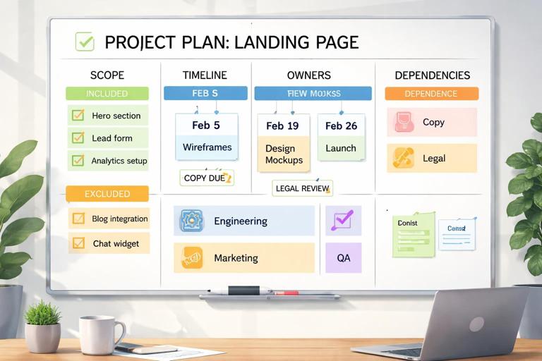 Professional illustration of a cross-functional project plan board showing deliverable (landing page), scope included/excluded, timeline milestones (Feb 5, Feb 19, Feb 26), owners (Engineering, Marketing, QA), and dependencies (copy, legal); clean modern flat design, sticky notes and checkmarks, office setting, no logos.