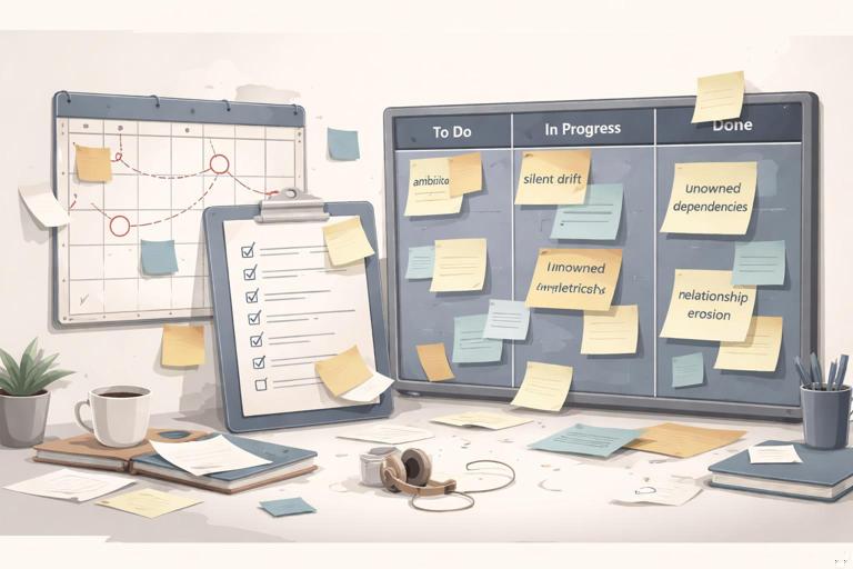 Illustration of a workplace project plan slowly unraveling: a wall calendar, checklist, and task board with sticky notes labeled ambiguity, silent drift, unowned dependencies, mismatched metrics, relationship erosion; professional modern flat style, neutral colors, office setting, no text.