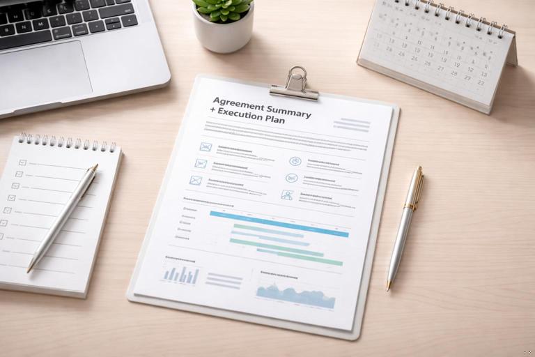 A clean office desk scene with a structured one-page memo titled Agreement Summary + Execution Plan, alongside a laptop, checklist, and calendar; modern minimal corporate style, soft lighting, no readable text.