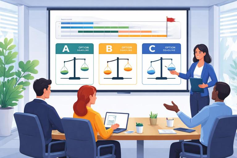 A meeting room scene with a project timeline on a screen and three option cards labeled A, B, C showing trade-offs between scope and deadline; professional corporate illustration, modern flat design, no text.