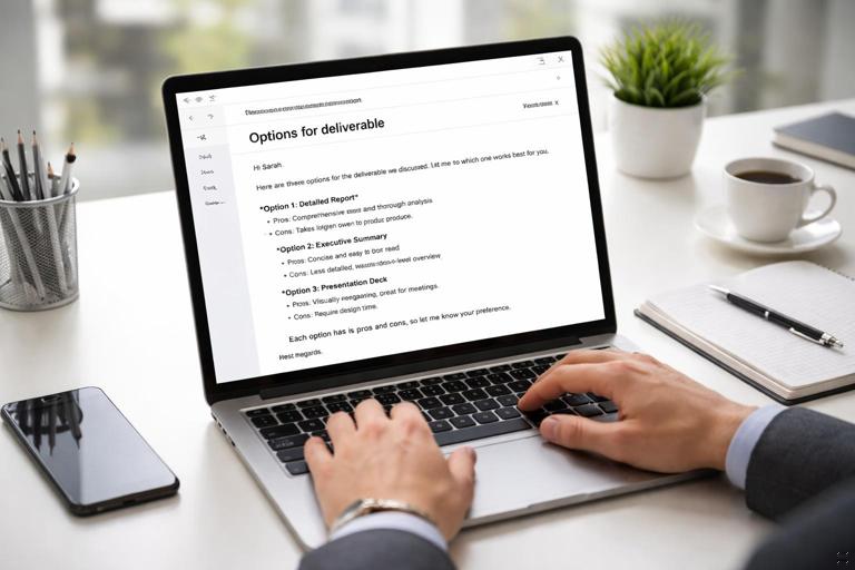 Realistic scene of a professional drafting an email on a laptop titled Options for deliverable, with three clearly formatted options and trade-offs; clean desk, minimal distractions, modern corporate style, readable UI elements, neutral lighting.