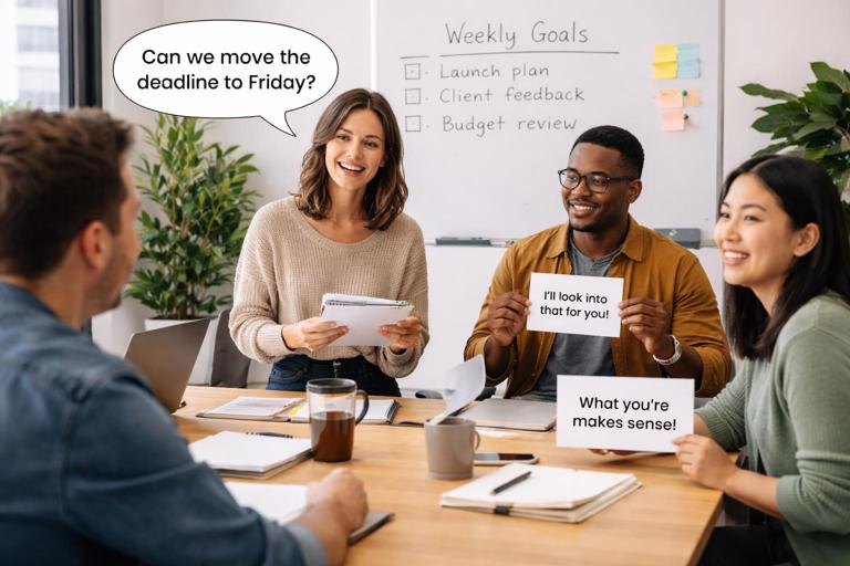 Small team in a weekly meeting doing a quick role-play exercise; one person presents a request, two others respond using clear scripts on printed cards; collaborative atmosphere, whiteboard with simple checklist, modern office, documentary photo style.