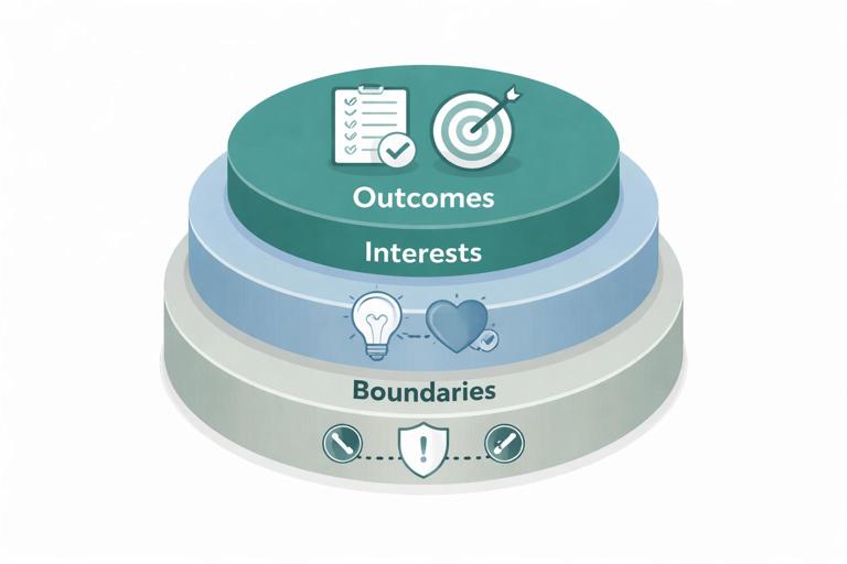 Illustration of three layered circles or stacked layers labeled Outcomes, Interests, and Boundaries, representing a structured workplace negotiation framework; professional office style, clean flat design, muted corporate colors, simple icons for deliverables, motivations, and limits; no text in the image.