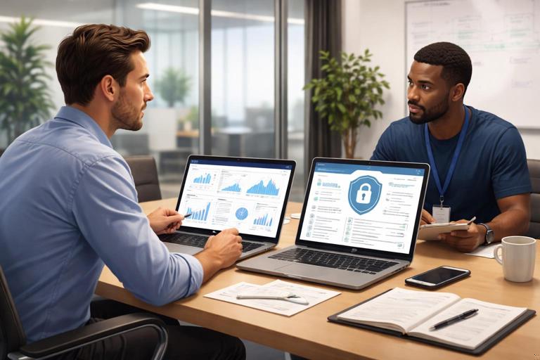 Scene of a cross-functional meeting between an analytics professional and an IT security engineer reviewing a data access request; laptop with dashboard, secure lock icon, audit log checklist; modern office meeting room, realistic illustration, neutral lighting; no on-screen text.