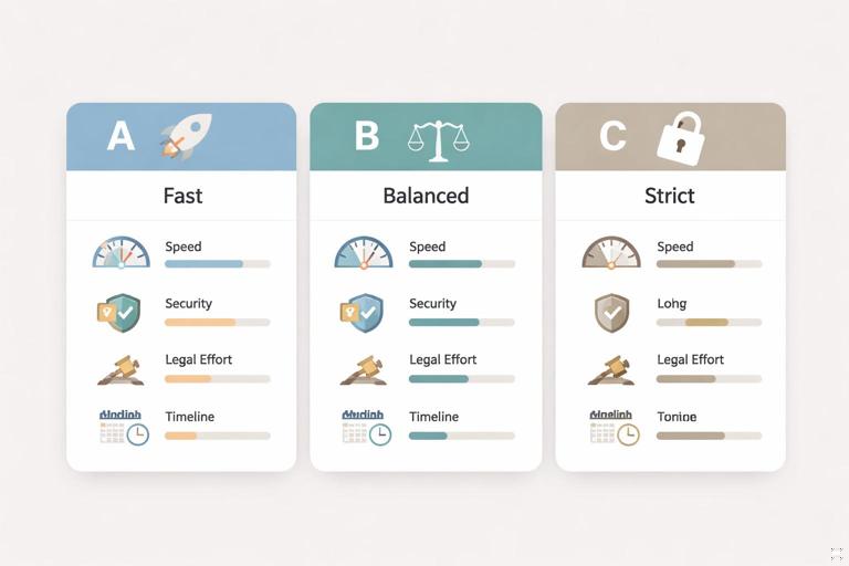 A visual comparison of three options packages for a vendor contract labeled A Fast, B Balanced, C Strict, shown as three side-by-side cards with icons for speed, security, legal effort, and timeline; modern flat design, neutral corporate palette, clear layout, minimal text