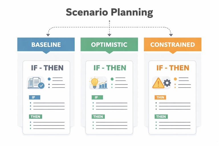 A simple three-lane scenario planning diagram labeled Baseline, Optimistic, Constrained, each with an If-Then package card; business meeting context, clean vector infographic style, muted corporate palette, high clarity