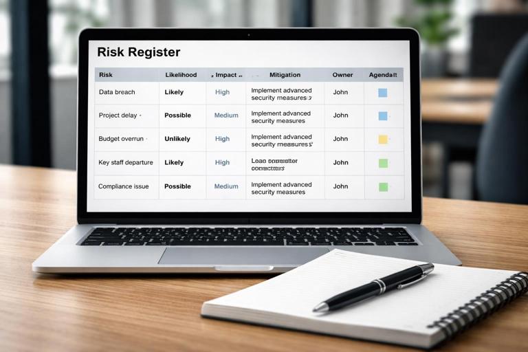 A lightweight risk register table on a screen: columns Risk, Likelihood, Impact, Mitigation, Owner, Agenda Item; a pen and notebook beside it; modern office setting; crisp, realistic photo style with shallow depth of field