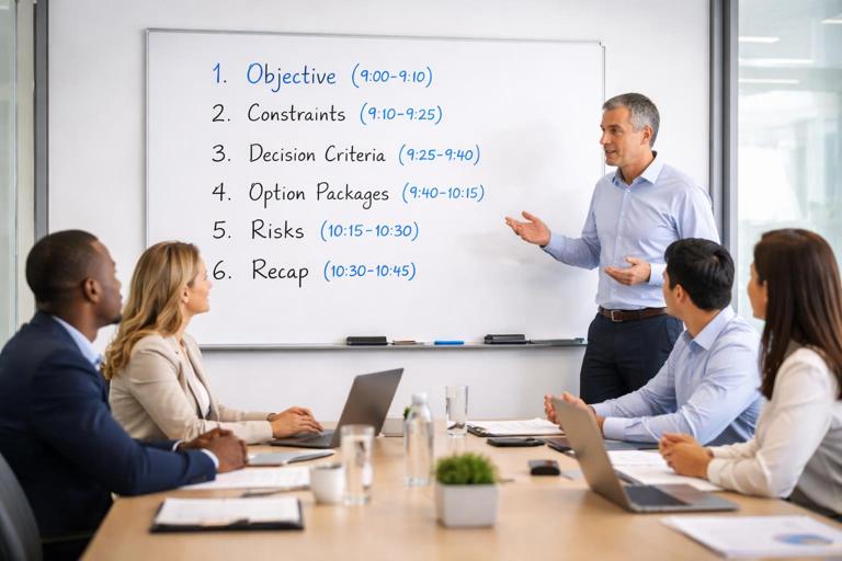A meeting agenda whiteboard in a conference room showing numbered timeboxed items: objective, constraints, decision criteria, option packages, risks, recap; people silhouettes in discussion; realistic corporate photo style, bright clean lighting